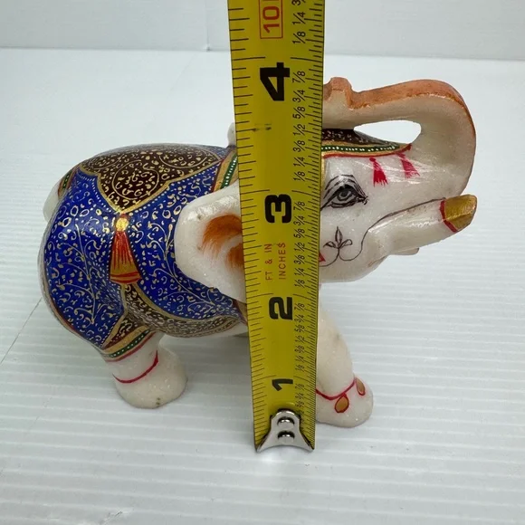 VTG White Marble Trunk Up Stone Hand Painted Elephant StatueHome Decor Gift